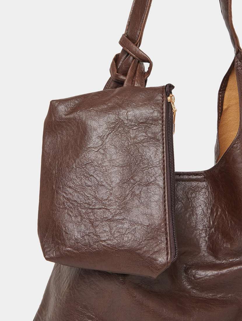 Brown Textured Pu Shoulder Bag With Pouch