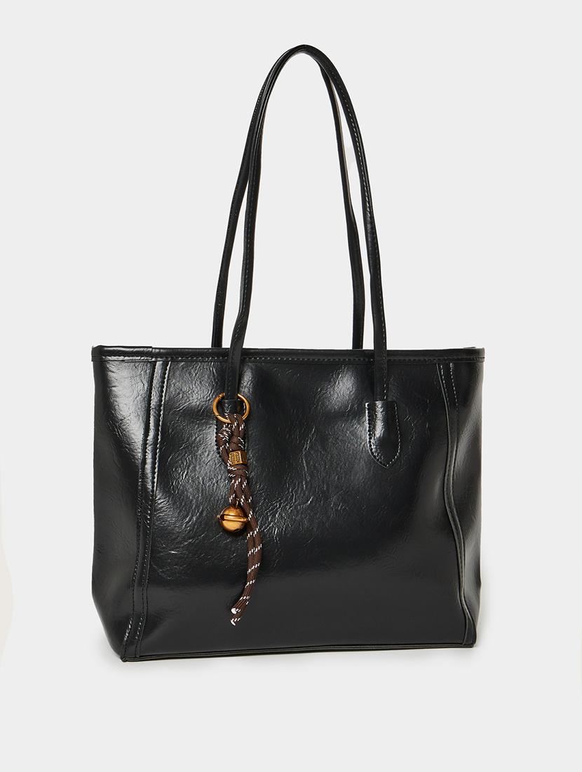 black textured pu shoulder bag with tassel - 21971500 -  Standard Image - 1