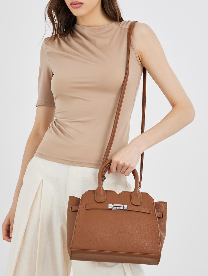 textured brown pu leather handheld bag - 21971502 -  Standard Image - 1