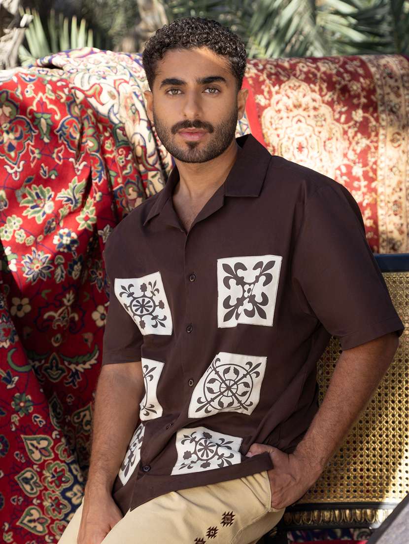 men patch work short sleeve loose fit casual shirt - 21971543 -  Standard Image - 1