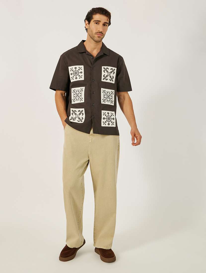 men patch work short sleeve loose fit casual shirt - 21971543 -  Standard Image - 4