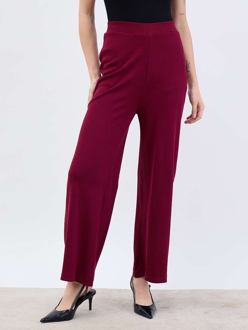 women solid high rise wide leg trouser
