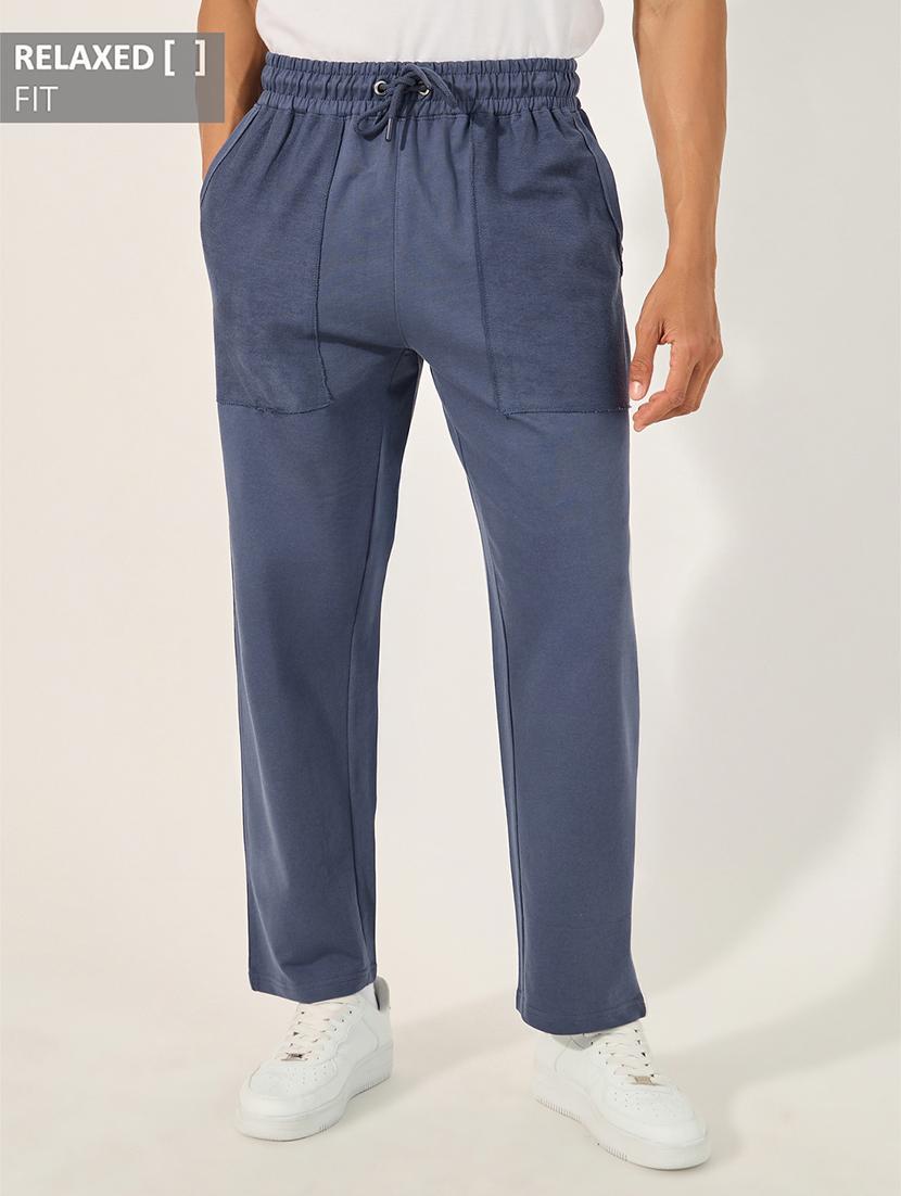 men blue solid relaxed fit track pant