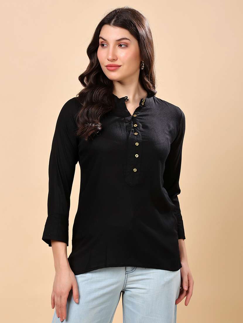 regular fit black cotton blend notch neck top - 21971802 -  Standard Image - 1