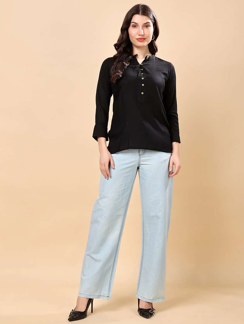 regular fit black cotton blend notch neck top - 21971802 - Standard Image - 4