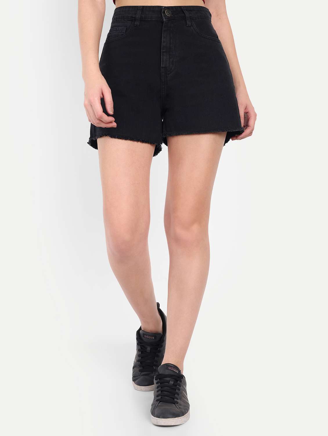 women solid high rise denim shorts