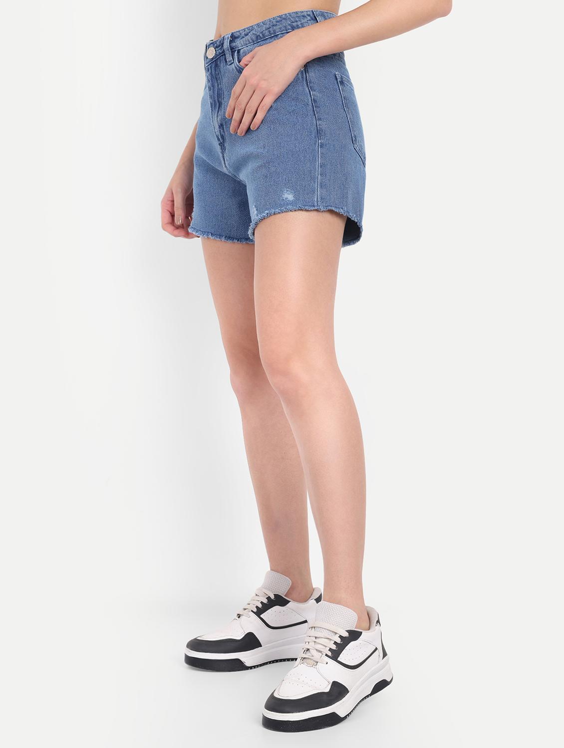 women solid high rise distressed denim shorts - 21971844 - Standard Image - 1