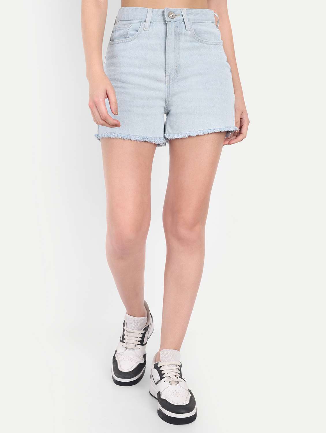 women solid high rise denim shorts