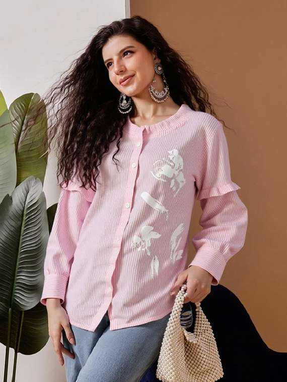 women pink striped long sleeve regular shirt - 21972192 - Zoom Image - 0