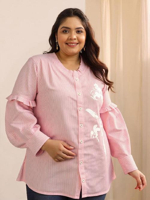 women plus size pink striped long sleeve shirt - 21972193 - Standard Image - 0
