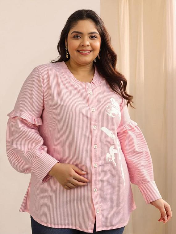 women plus size pink striped long sleeve shirt - 21972193 - Zoom Image - 0