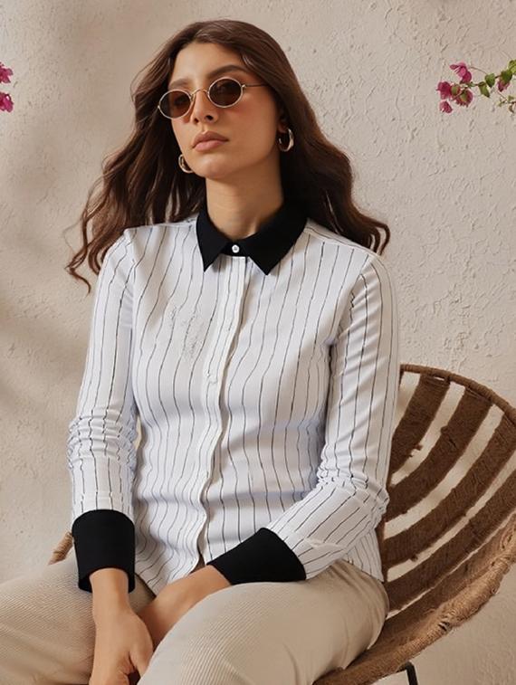 women striped collared long sleeve regular shirt - 21972211 -  Zoom Image - 0