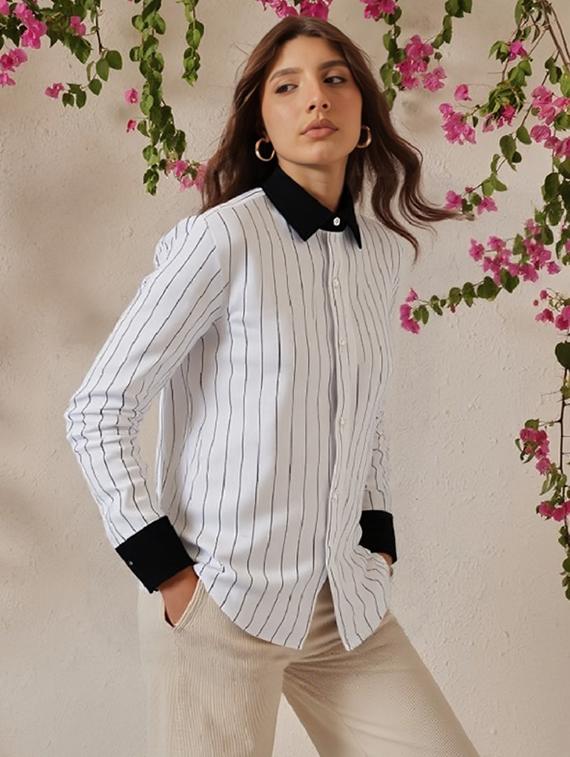women striped collared long sleeve regular shirt - 21972211 -  Standard Image - 1
