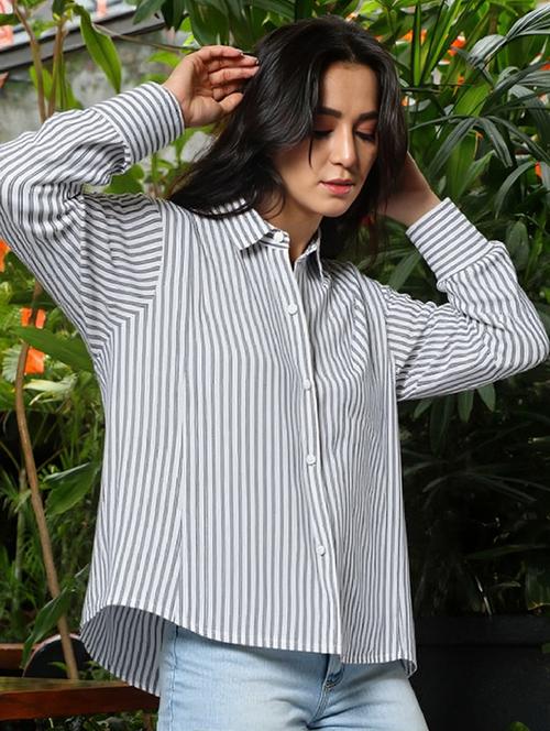 women striped collared long sleeve relaxed shirt - 21972216 -  Standard Image - 0