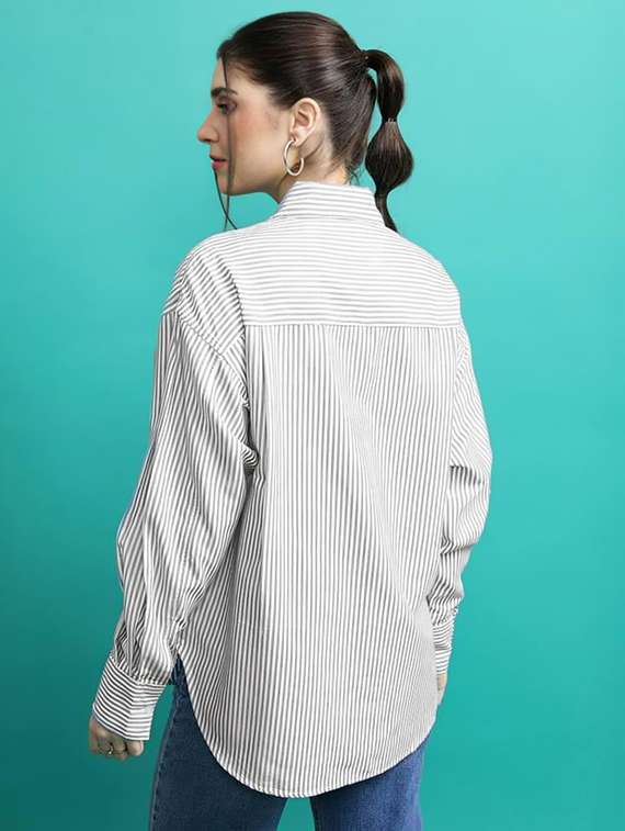 women striped collared long sleeve oversized shirt - 21972217 -  Standard Image - 1
