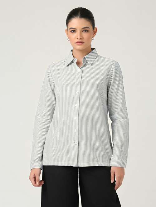 women striped collared long sleeve regular shirt - 21972218 - Standard Image - 0