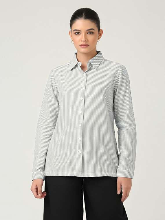 women striped collared long sleeve regular shirt - 21972218 - Zoom Image - 0