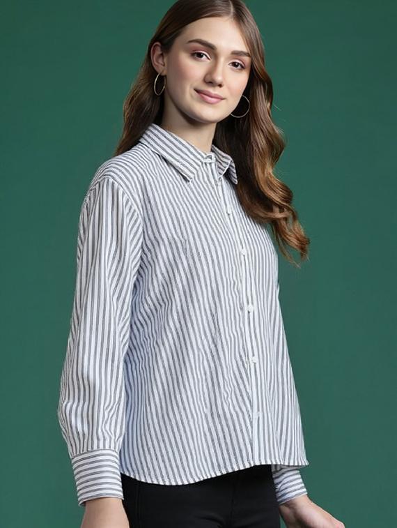 women striped collared long sleeve relaxed shirt - 21972220 -  Standard Image - 1