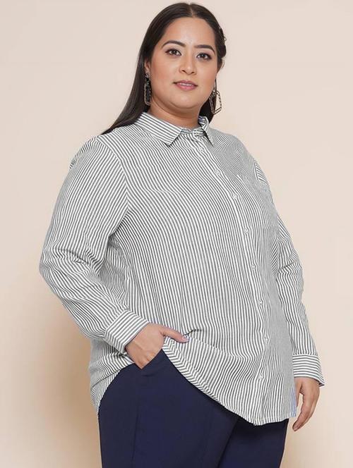 women plis size striped collared long sleeve shirt - 21972221 - Standard Image - 0