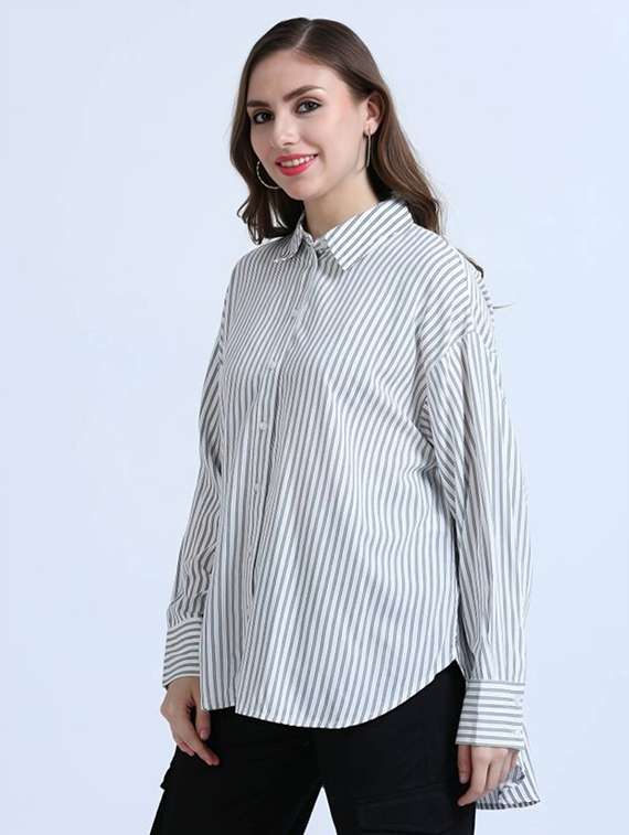 women striped collared long sleeve high low shirt - 21972223 -  Standard Image - 1
