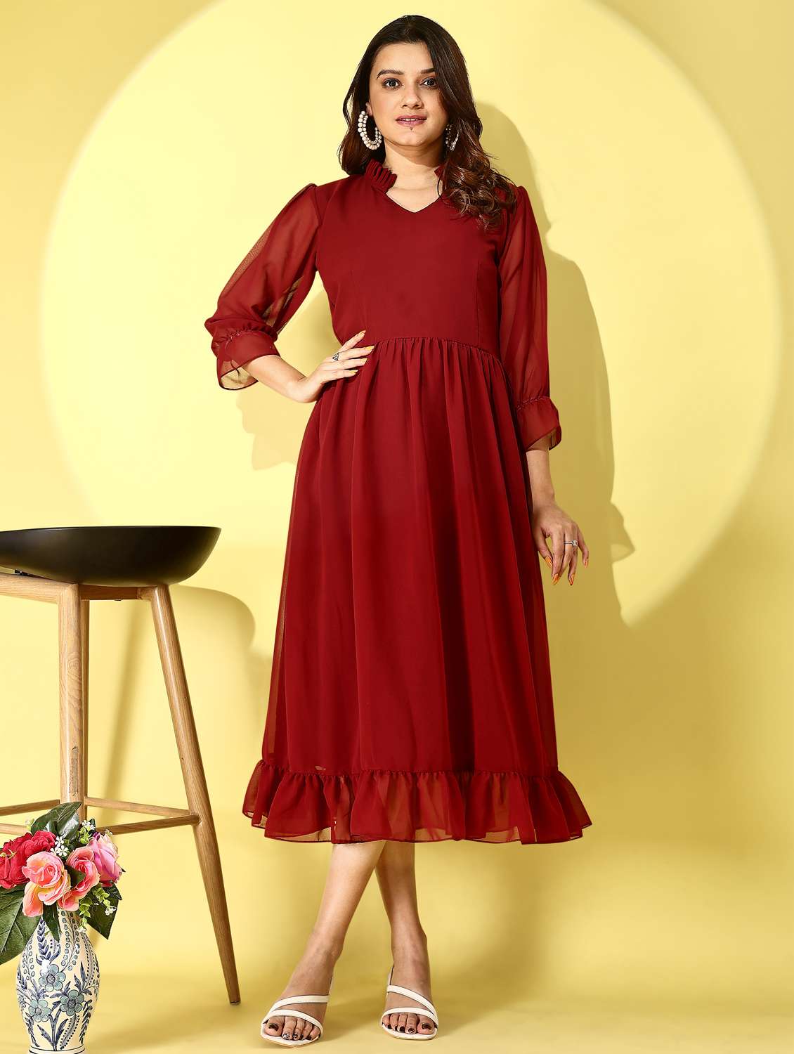 women solid mandarin neck puff sleeve tiered dress - 21972228 -  Standard Image - 1