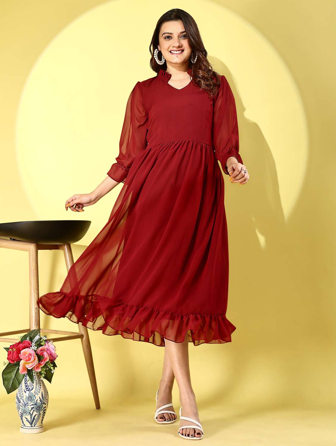 women solid mandarin neck puff sleeve tiered dress - 21972228 -  Standard Image - 4
