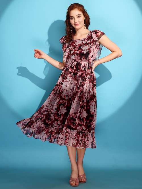 Women Floral Print Ruffle Sleeve Tiered Dress