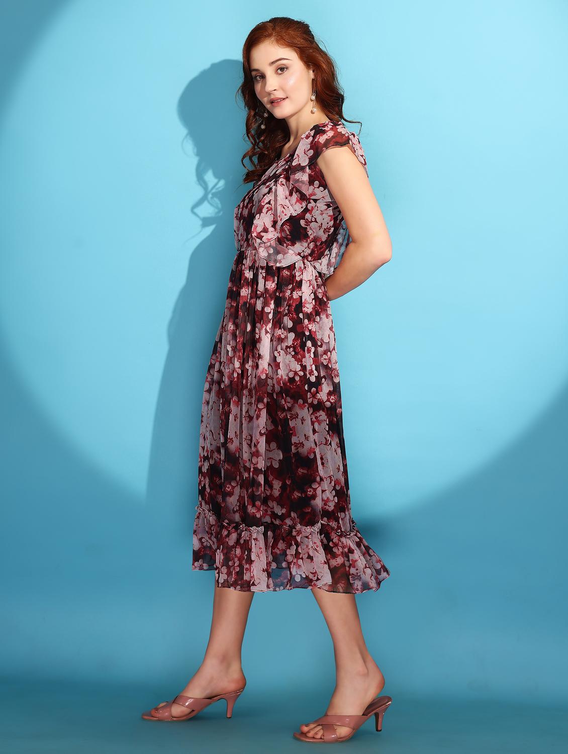 women floral print ruffle sleeve tiered dress - 21972230 - Standard Image - 1