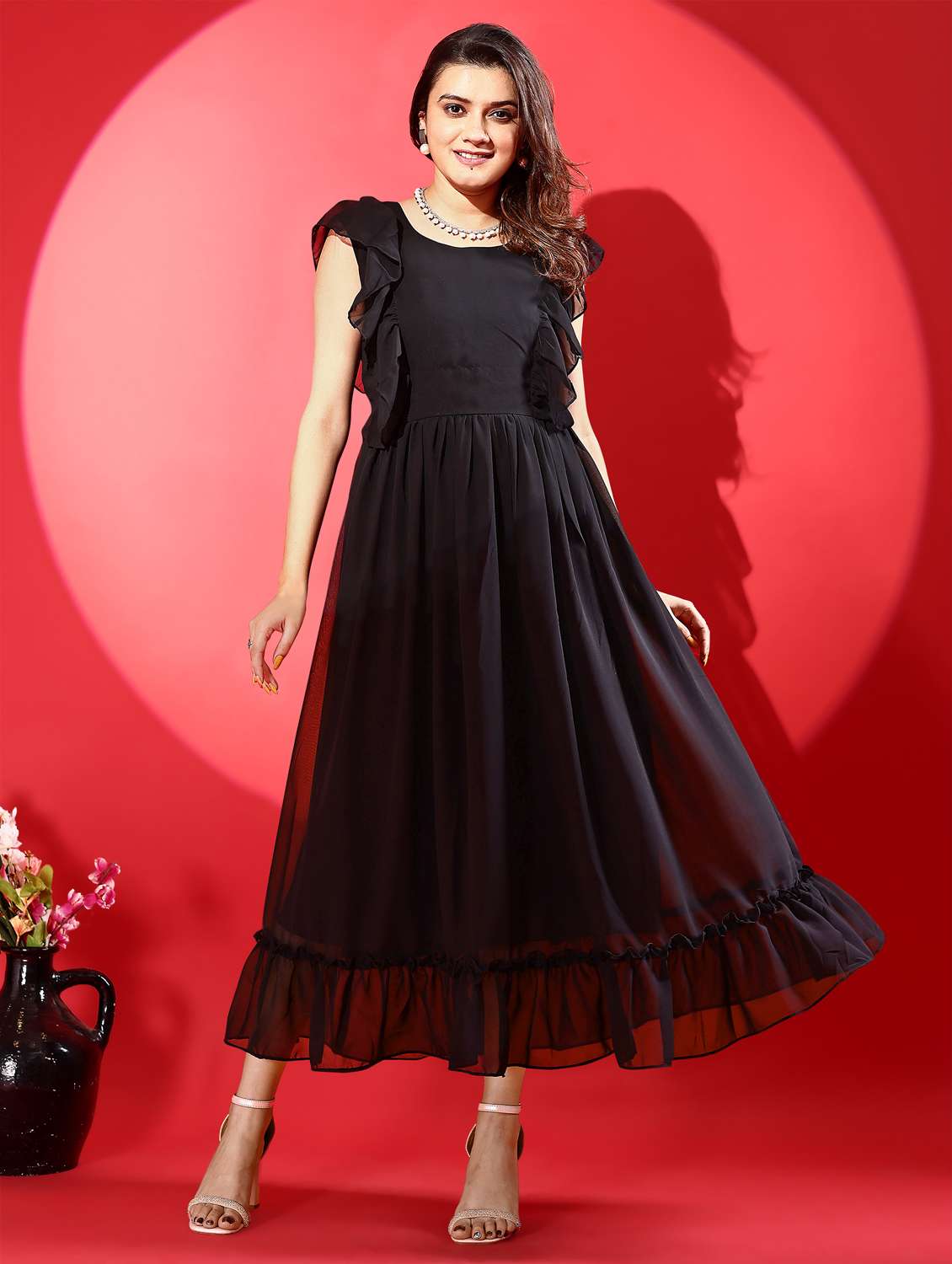 women black solid ruffle sleeve tiered dress - 21972231 -  Standard Image - 1
