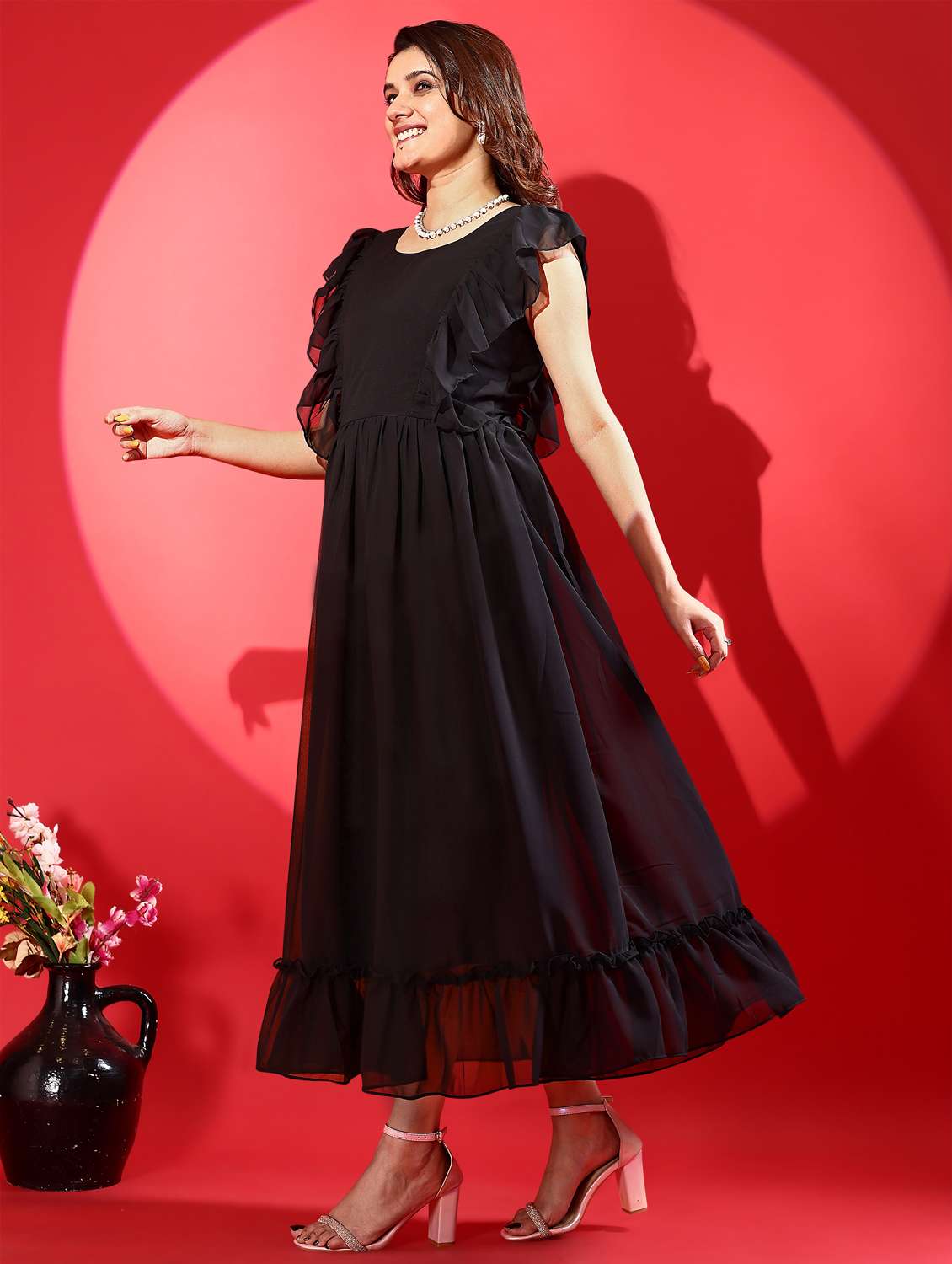 women black solid ruffle sleeve tiered dress - 21972231 -  Standard Image - 4