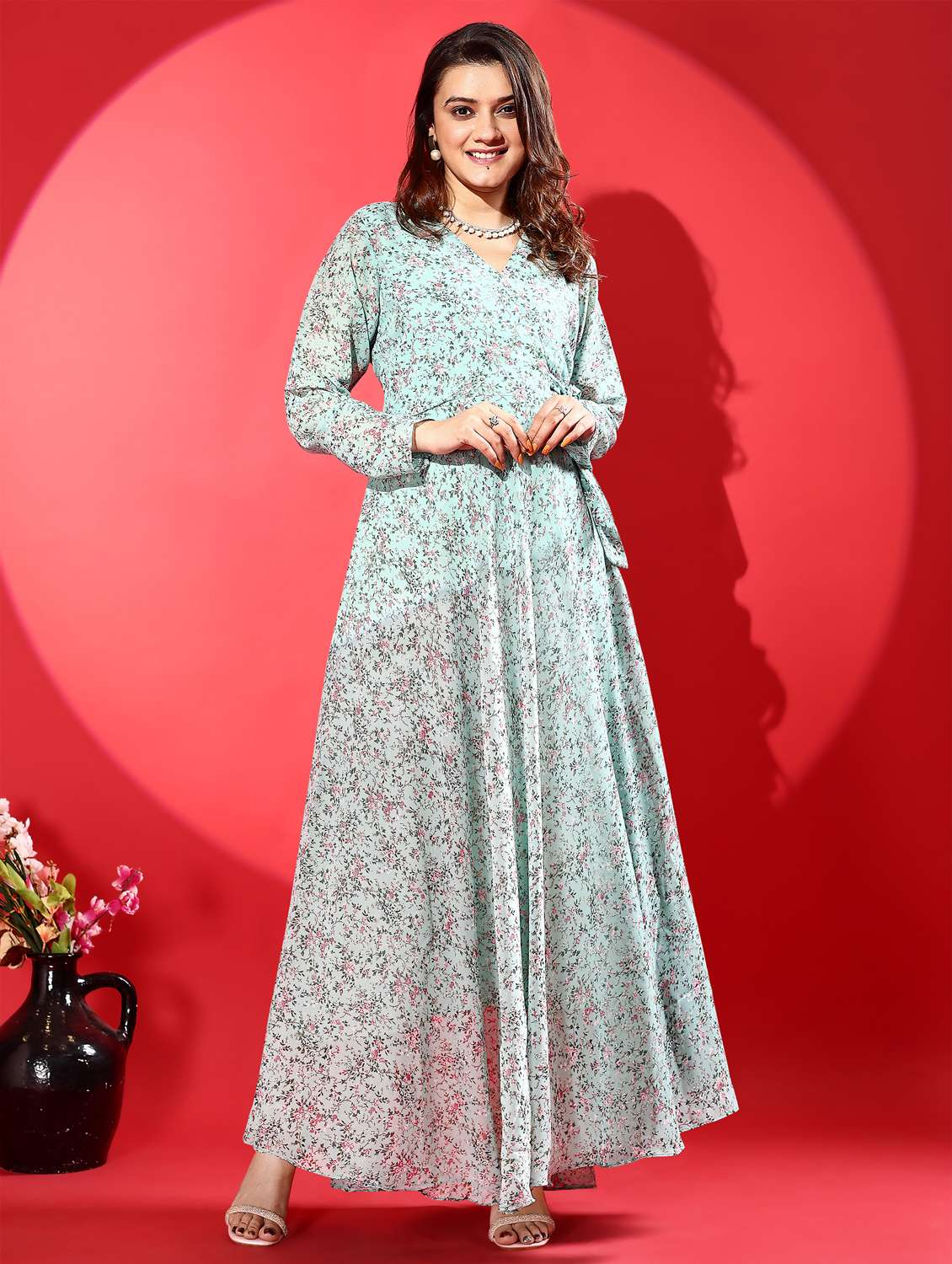 women printed puff sleeve fit & flare maxi dress - 21972232 -  Standard Image - 1