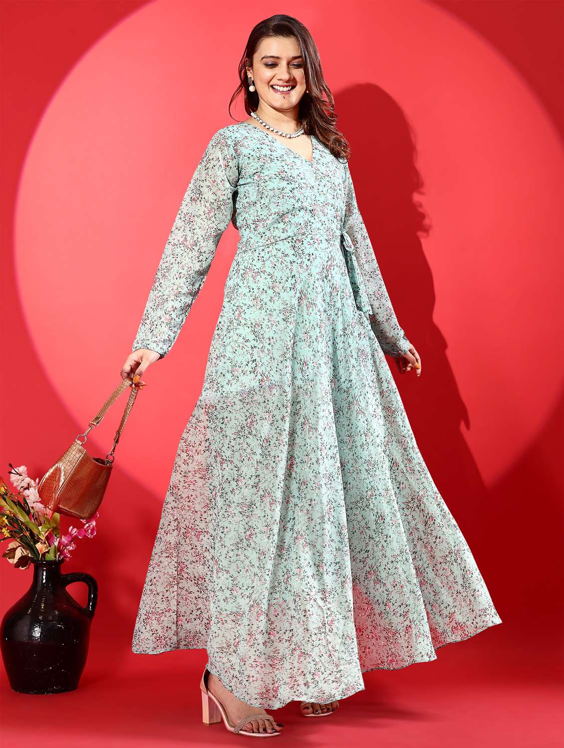 women printed puff sleeve fit & flare maxi dress - 21972232 -  Standard Image - 4