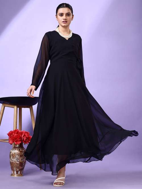 women black solid long sleeve fit & flare maxi dress - 21972234 - Standard Image - 0