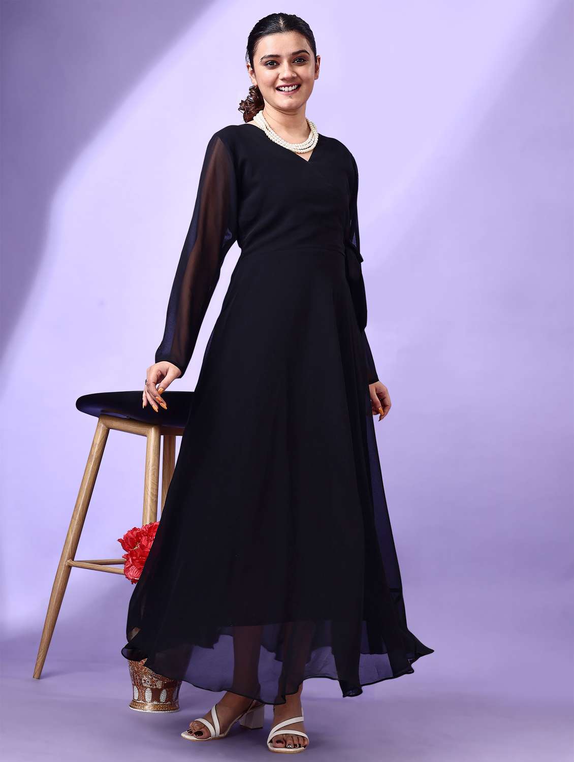 women black solid long sleeve fit & flare maxi dress - 21972234 - Standard Image - 1