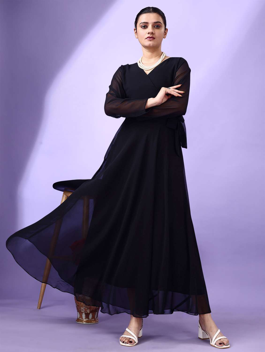 women black solid long sleeve fit & flare maxi dress - 21972234 - Standard Image - 4