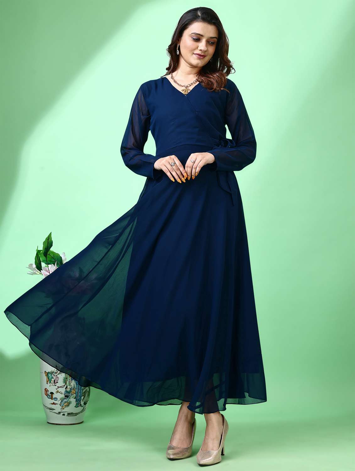 women solid long sleeve fit & flare maxi dress
