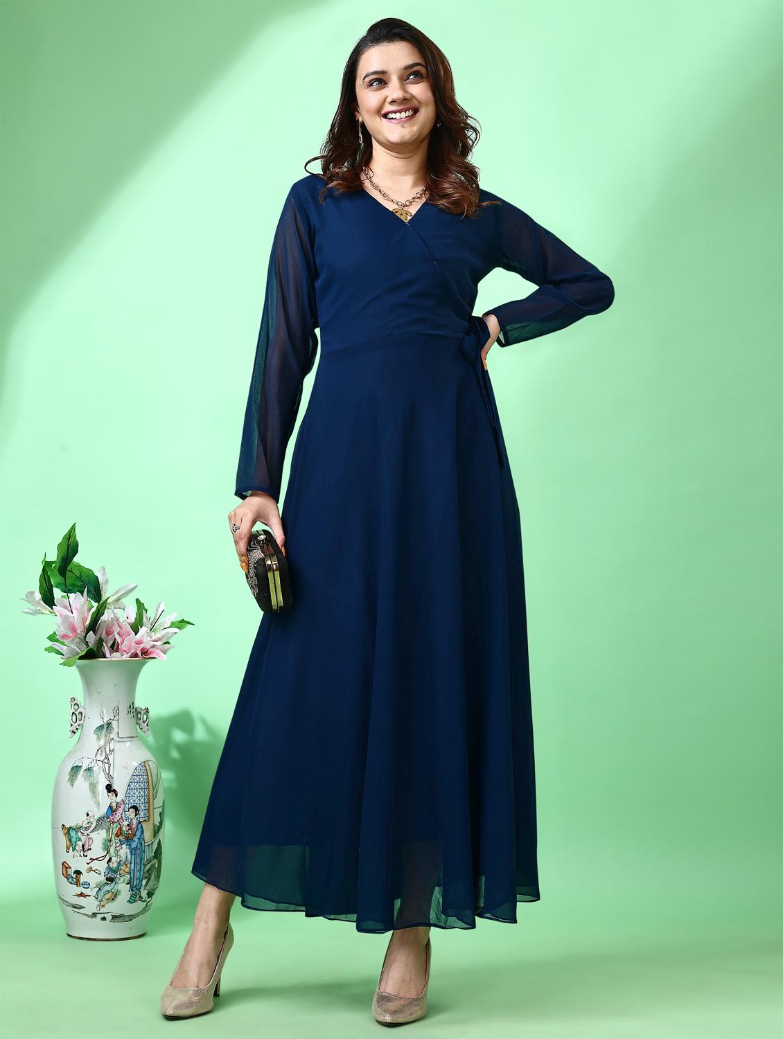 women solid long sleeve fit & flare maxi dress - 21972235 - Standard Image - 1