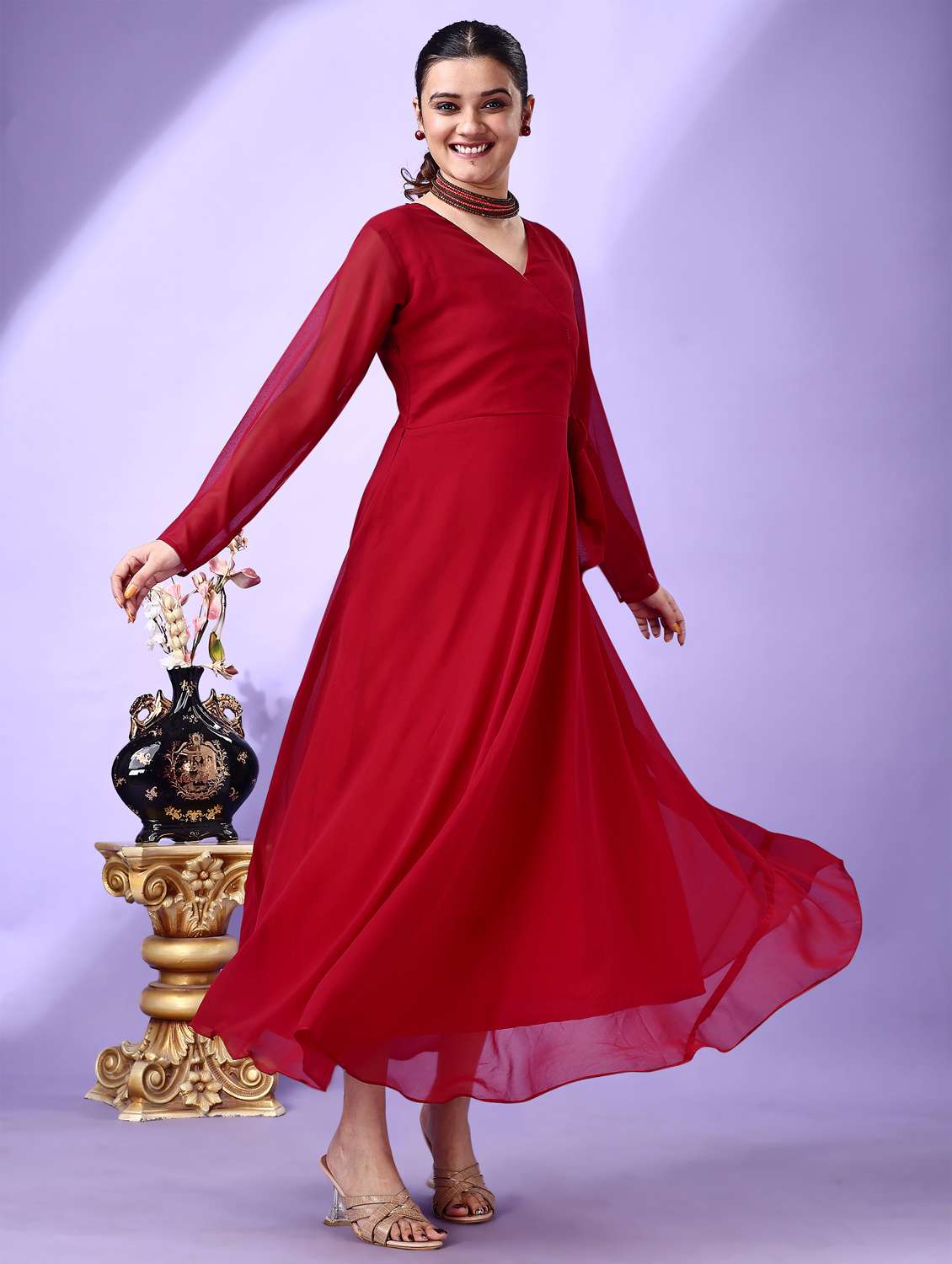 women red solid long sleeve fit & flare maxi dress - 21972236 -  Standard Image - 1