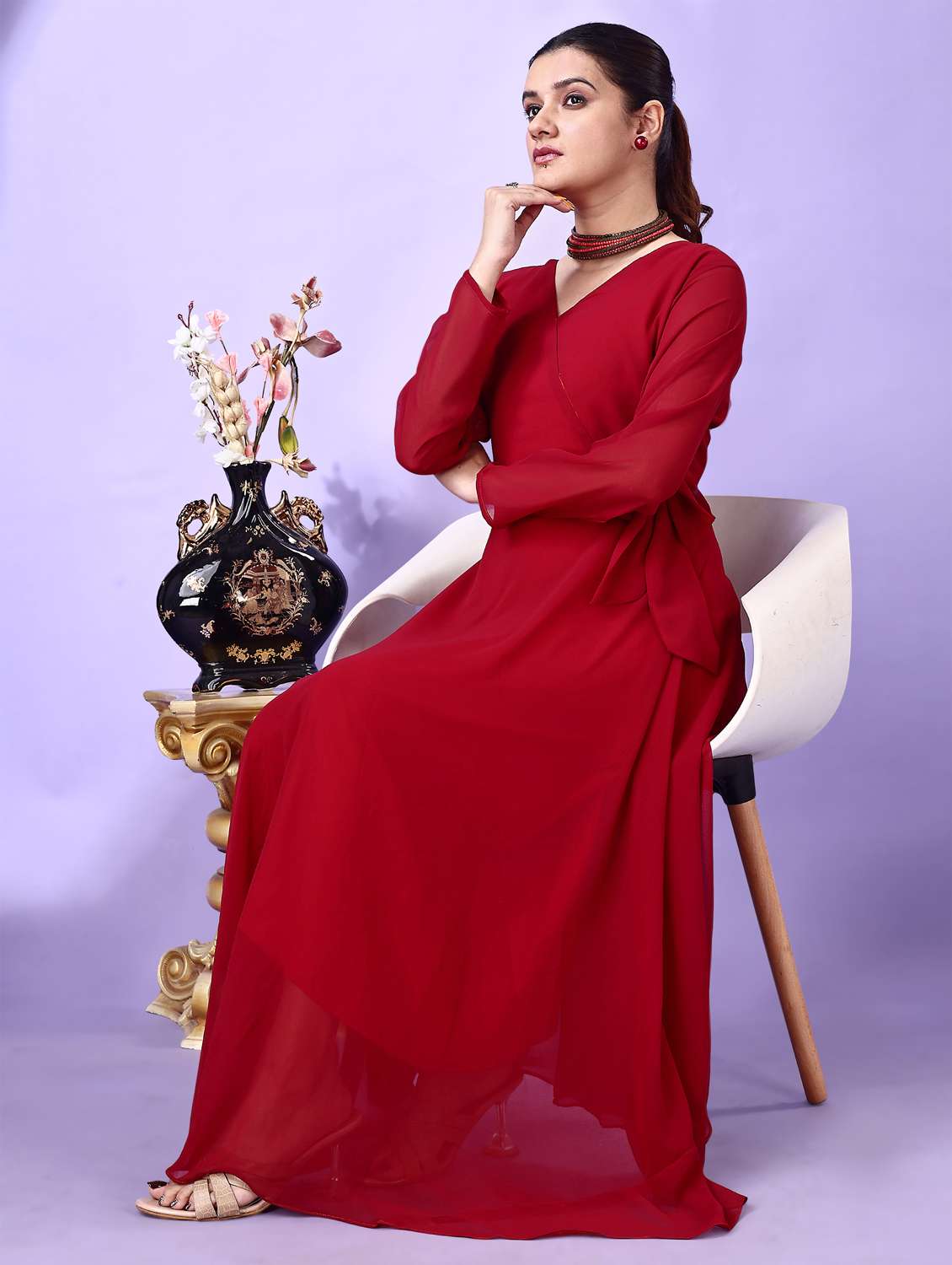 women red solid long sleeve fit & flare maxi dress - 21972236 -  Standard Image - 4