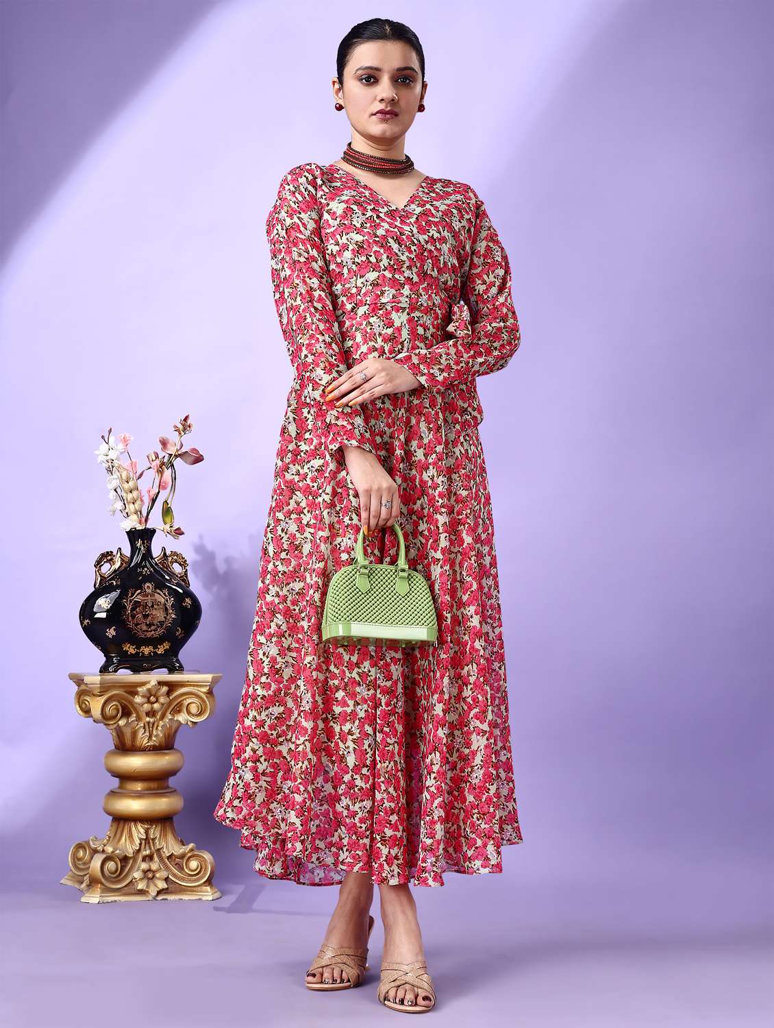women floral print long sleeve fit & flare maxi dress