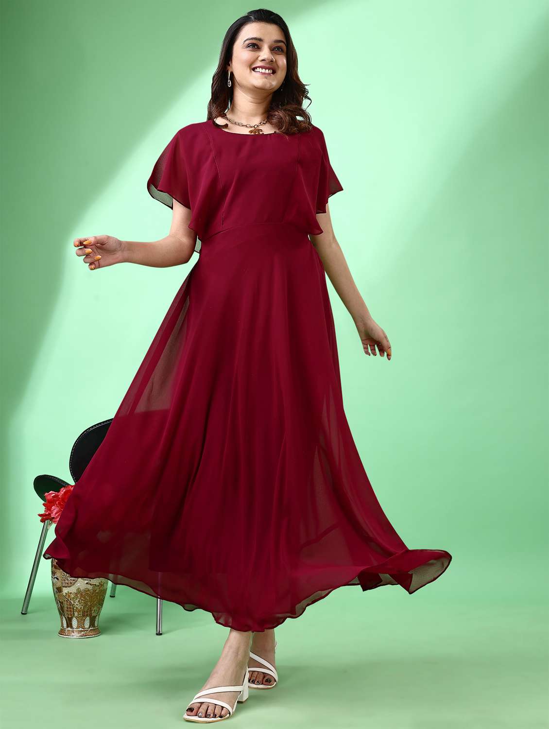 women maroon solid flared sleeve fit & flare dress - 21972240 -  Standard Image - 4