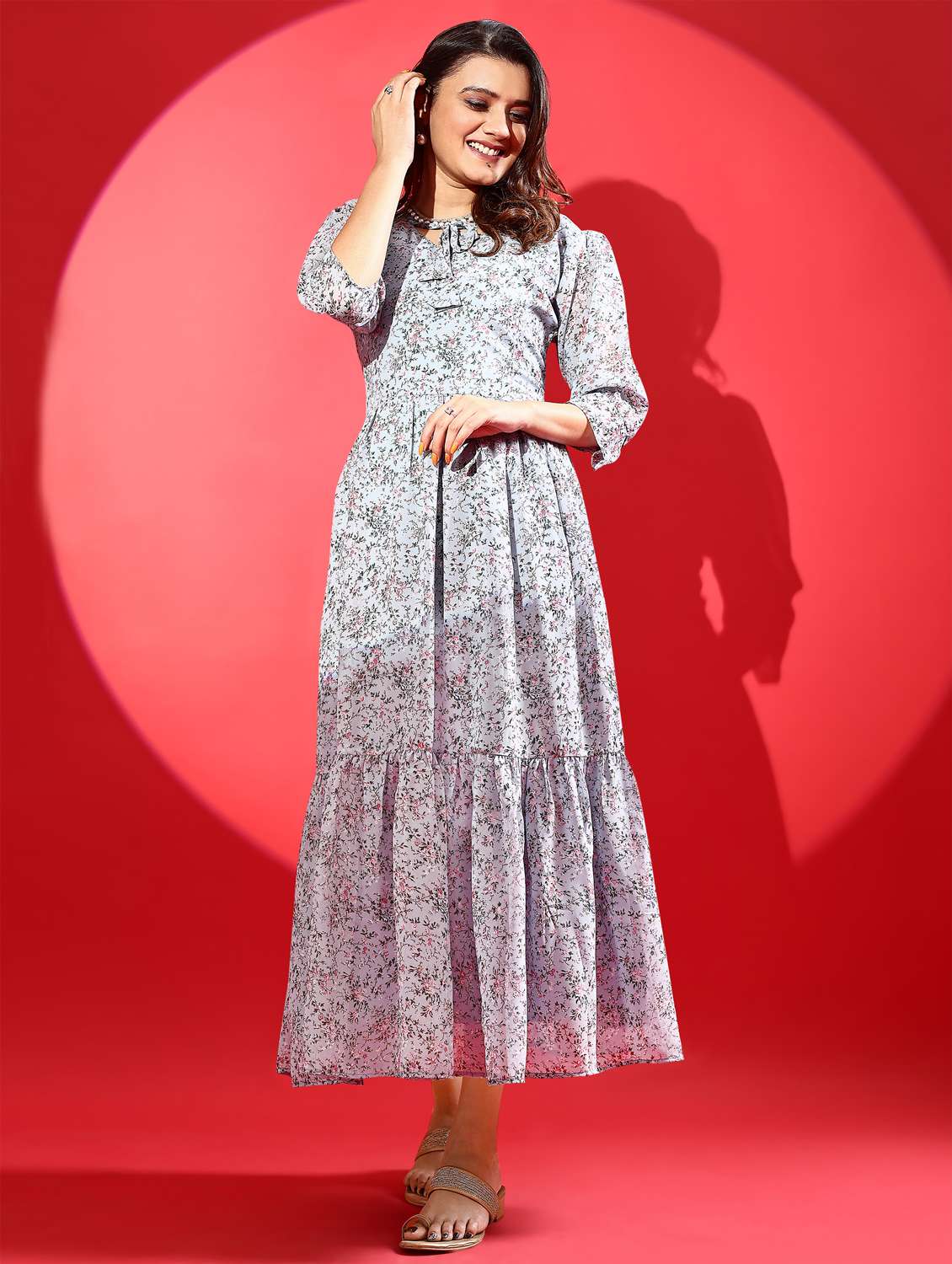 women floral print puff sleeve tiered dress - 21972241 -  Standard Image - 1