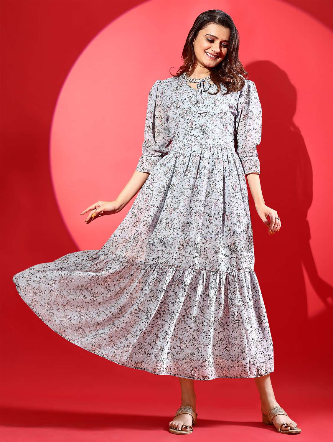 women floral print puff sleeve tiered dress - 21972241 -  Standard Image - 4