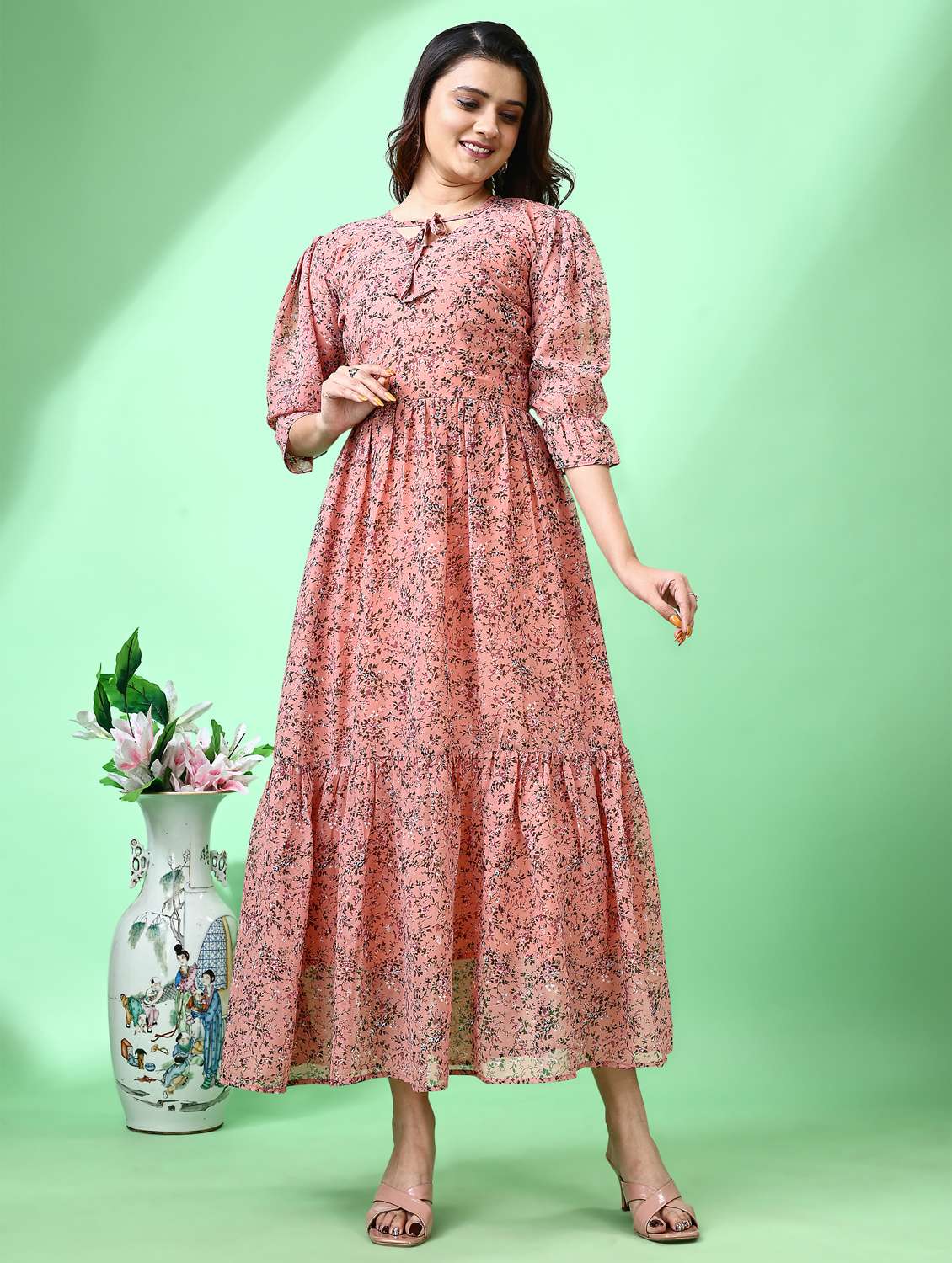 women floral print puff sleeve tiered dress - 21972242 -  Standard Image - 1