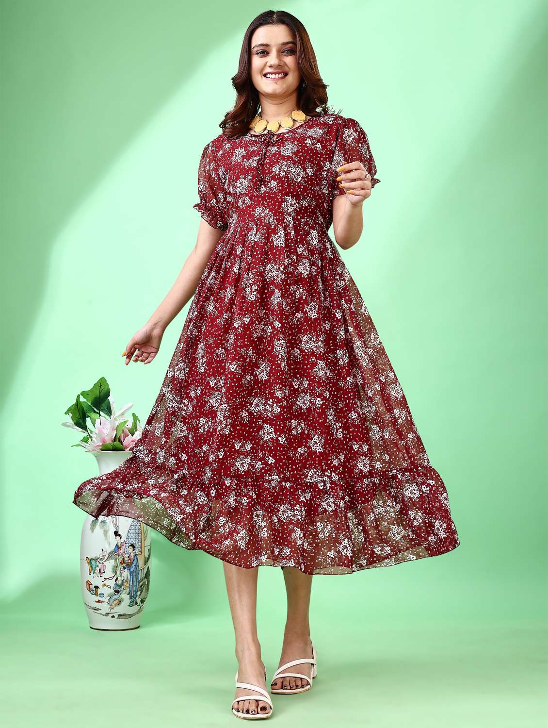women floral print puff sleeve tiered dress - 21972243 -  Standard Image - 1