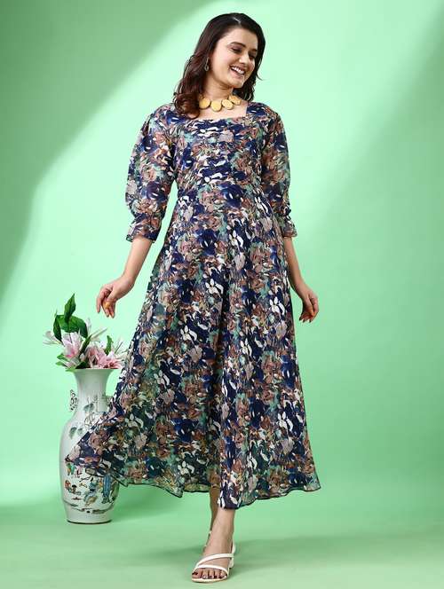 women floral print puff sleeve fit & flare dress - 21972244 - Standard Image - 0