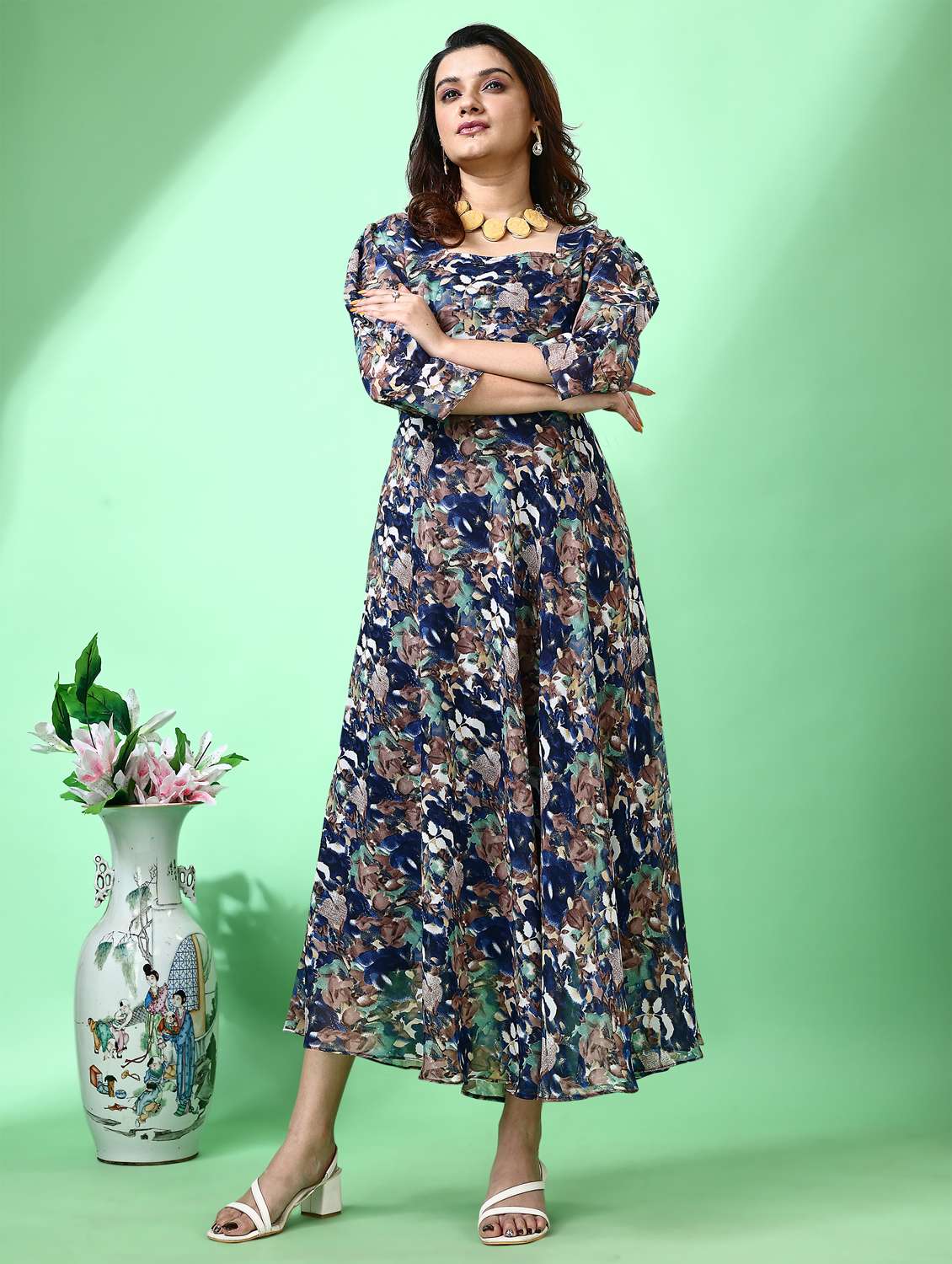 women floral print puff sleeve fit & flare dress - 21972244 - Standard Image - 1