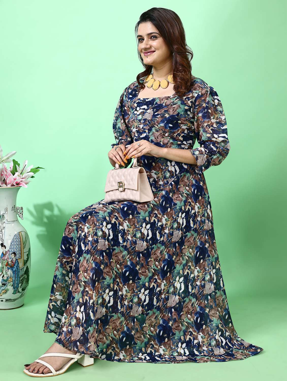 women floral print puff sleeve fit & flare dress - 21972244 - Standard Image - 4