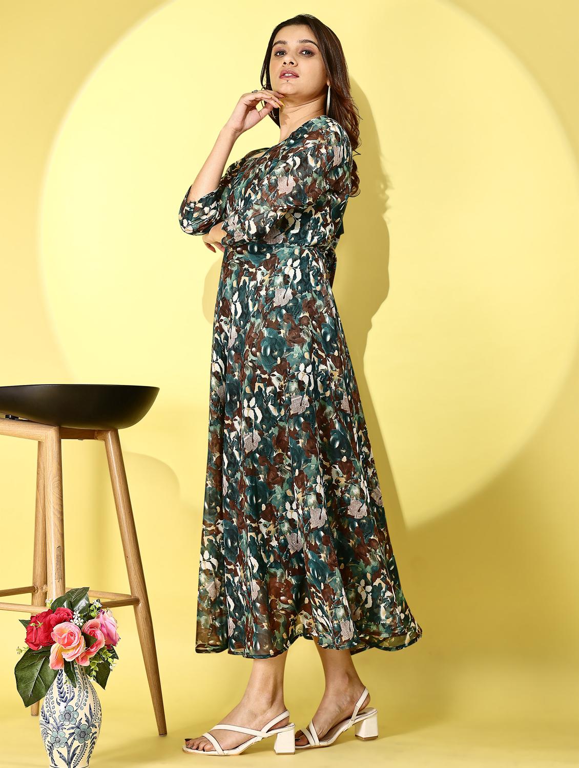 women printed puff sleeve fit & flare dress - 21972245 - Standard Image - 1