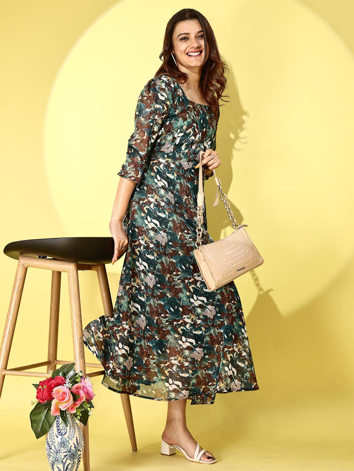 women printed puff sleeve fit & flare dress - 21972245 - Standard Image - 4